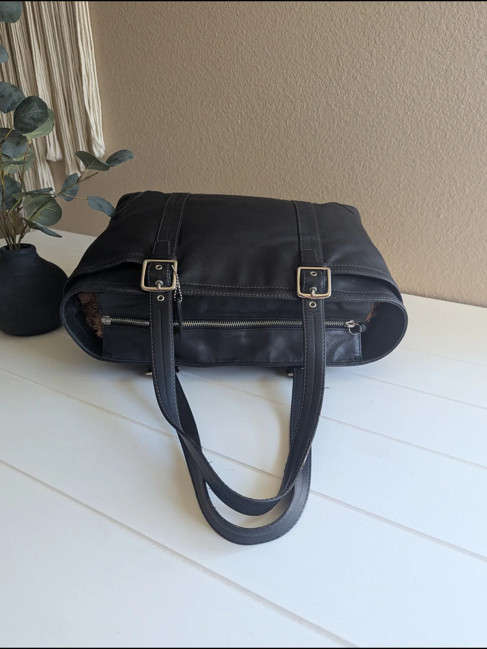 Coach Black Leather Shoulder Bag with Interior Logo Patch